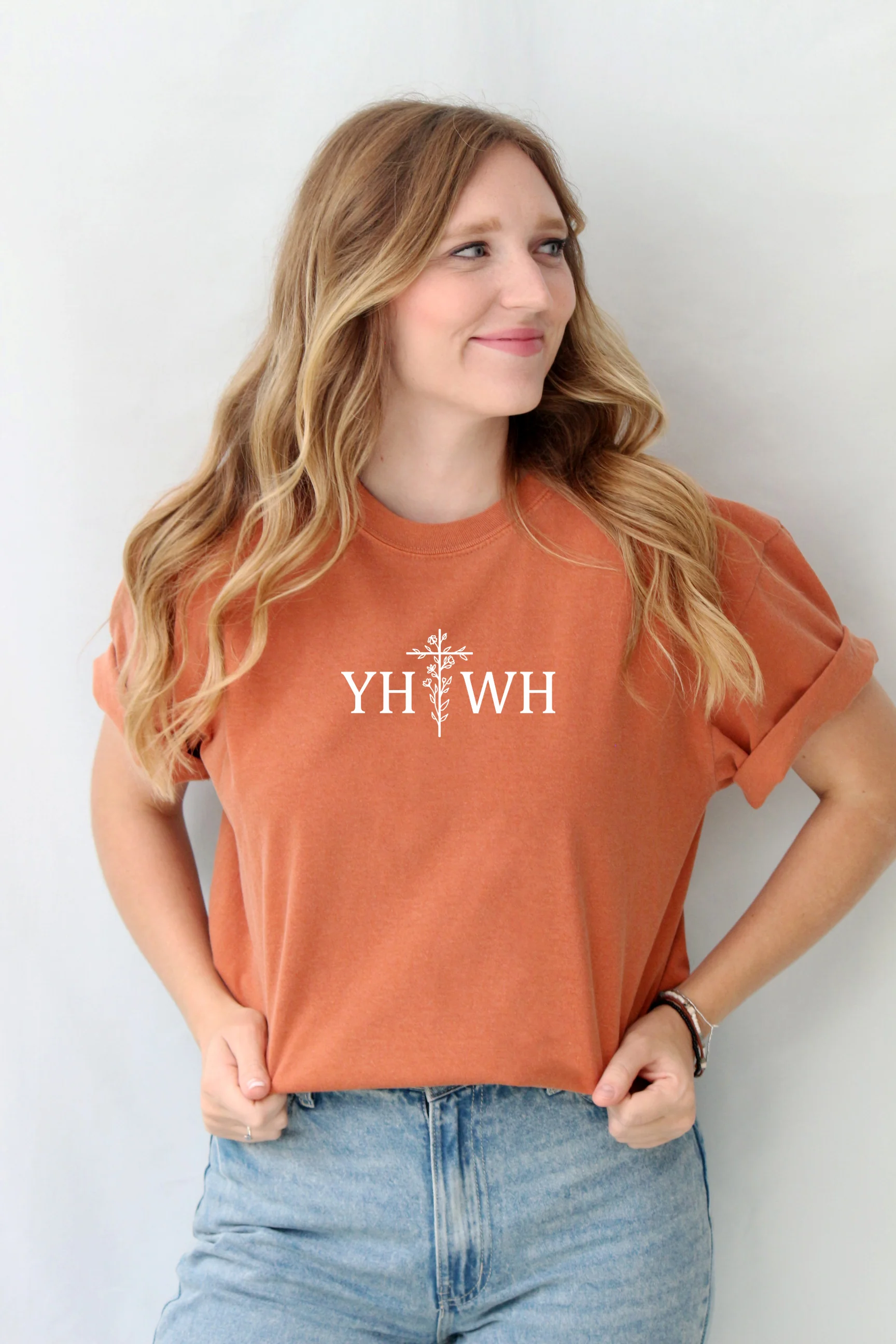 YAHWEH (YHWH) WITH FLORAL CROSS UNISEX TEE - Image 3
